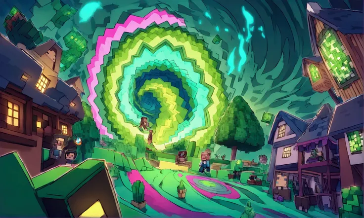 Minecraft characters Rick and Morty exit a big green swirling portal and begin to explore a Mincraft town with a forest nearby
