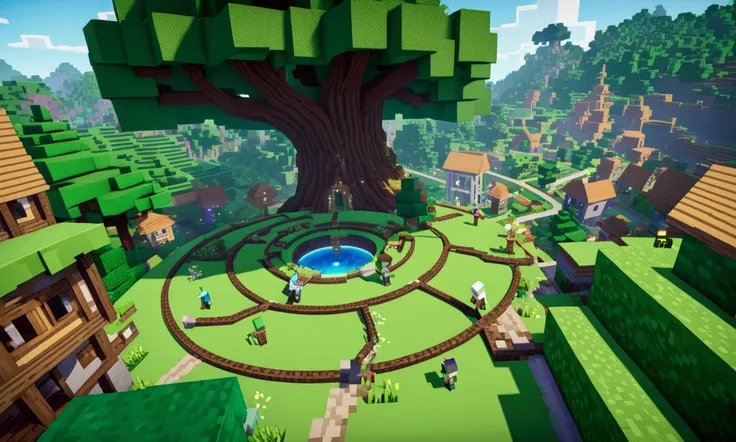 Minecraft characters Rick and Morty exit a big green swirling portal and begin to explore a Mincraft town with a forest nearby
