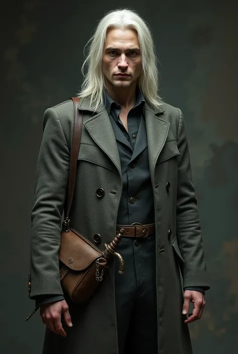 Robert Pattinson in long straight and white hairs in grey colour suit, suit looks like old and 1900 cenchuries. A big brown bag on left shoulder and cutana sword on belt in dark fantasy 