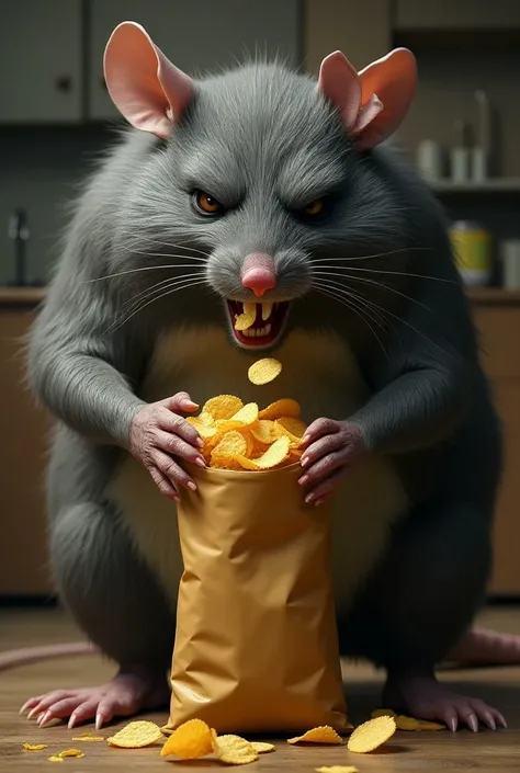 A large naked anthro rat eating chips