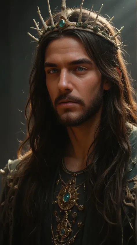  A man of intense and striking beauty ,  with harmonious and detailed features , has long hair, slightly wavy, and a well-groomed beard, both in a dark shade .  Over your head, } a delicate crown of thorns contrasts with her serene expression and noble . Y...