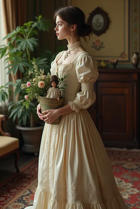 An adult girl in a Victorian outfit holds a pot with a plant and an old French doll in her hand 