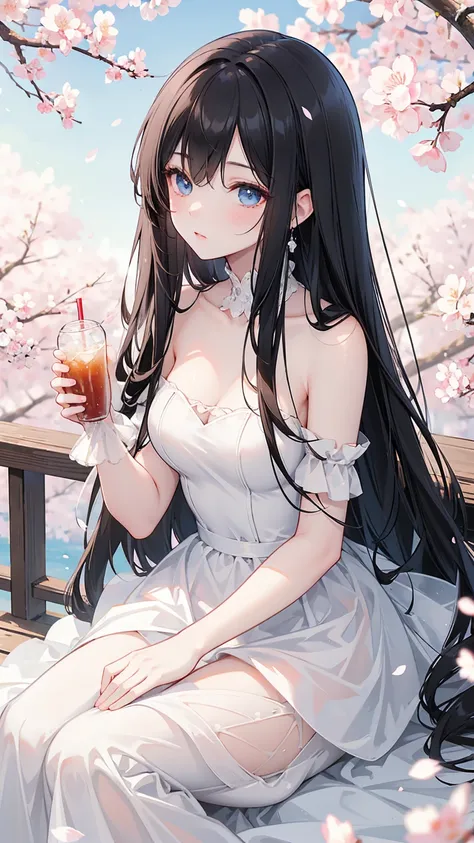 Black Long Straight Hair, Wedding Dress， white dress, blue eyes， Holding a soda , Relaxation posture, sit, Review, healthy skin, Outdoor scenery, Cherry Blossoms Flying, Bright natural light , The sun shines in from the top left, A warm and gentle atmosphe...