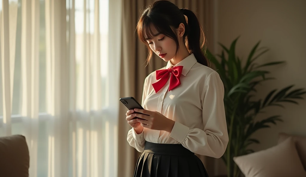 Real photos，Hyperrealism，8k quality，HD，8k quality， An 18-year-old young girl with a double ponytail，Long Distance Movie Star Satomi Ishihara，Big breasts， in a white shirt ，Red bowtie， black pleated skirt ，She was standing in the living room ， holding this ...