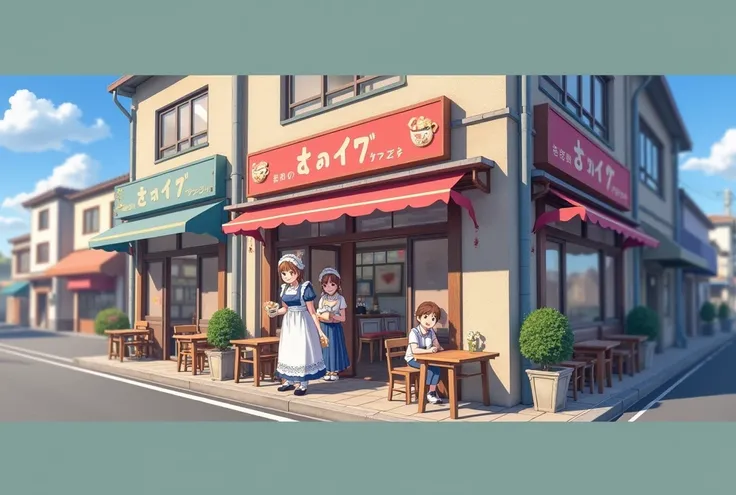 女仆Milk tea shop，Milk tea shop，Maid element，Japanese style，在日本街头， detailed picture quality， happy customers ，