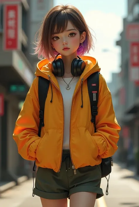 (((top-quality, 8K,超A high resolution、ultra-detailliert))),1girl in,female high-school student,a beauty girl,Street attire,((Hooded Neon Over Jacket,shortpants,backpack))、((Wearing large headphones around your neck))、(Shorthair with light brown hair,Colorf...