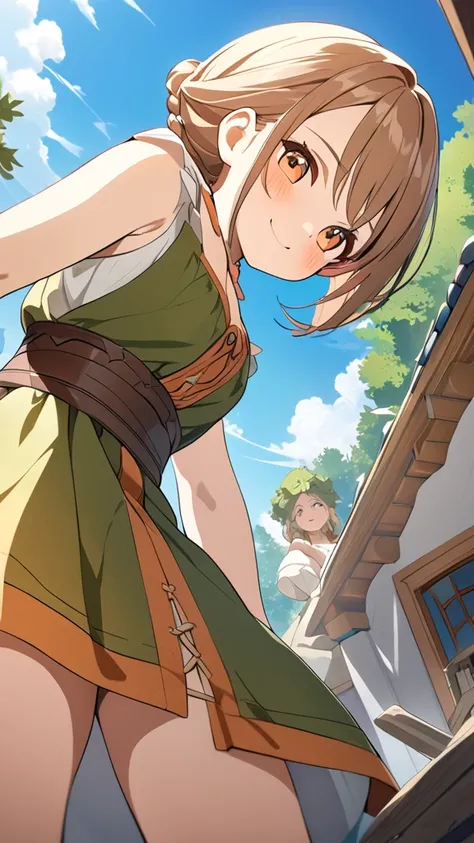 1 girl, ( cute face),  Medium Chest , look back, (to many pose:1.2), fantasy anime peasant costume,  blush,  cowboy shot, (from below:1.2), game cg, absurdres,  highres icon, ultra detailed, beautiful, masterpiece, best quality