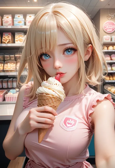 Pale girl,Blonde hair ,Medium hair A little wavy,Bright light blue eyes ,With big breasts,Combing,With a very large and very wide neckline,Pov selfie,Blushing Shy ,With a pink sleeveless shirt,At the ice cream shop,With an ice cream in hand 