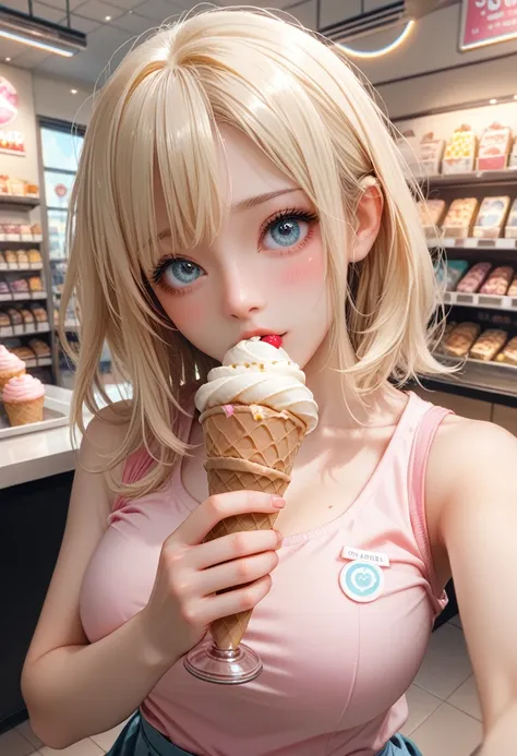 Pale girl,Blonde hair ,Medium hair A little wavy,Bright light blue eyes ,With big breasts,Combing,With a very large and very wide neckline,Pov selfie,Blushing Shy ,With a pink sleeveless shirt,At the ice cream shop,With an ice cream in hand 