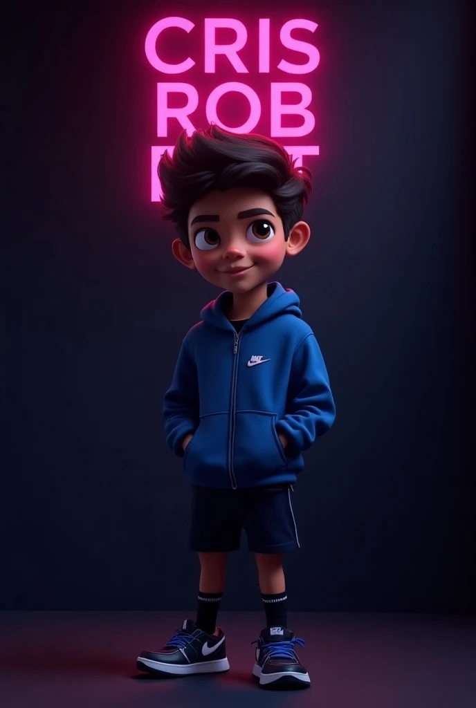 create a 4D caricature of a boy wearing a blue jacket, short pants and nike shoes, standing inside a dark room, with a logo written on the wall with the name "CRIS ROB EDIT" (VAST SHADOW FONT) written in neon pink, above the boys head