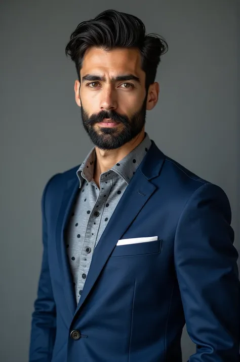 A young man with a black beard,wearing blue suit,black tine dots on the suit,