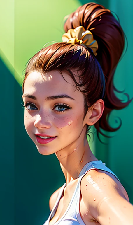 Photo of a -old american girl, .RAW, beautiful teenage girl, (Long brown hair with ponytail), light brown hair ponytail hairstyle((portrait)), ((detailed face:1.2)), ((detailed facial features)), (finely detailed skin)  , (Tabletop) (perfect proportions re...