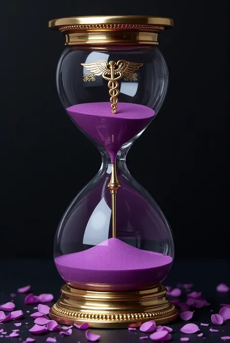  Create a graduation invitation for the History degree course as an hourglass symbol superimposed by a caduceus, in purple color, black and white, with lots of minimalist gold details 