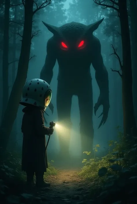 A 20-year-old guard illuminating the Flatwoods monster ,  the monster is 2 meters tall ,  red eyes, Owl claw in place of hands ,  with a flashlight wears a raindrop astronaut helmet and a long dress