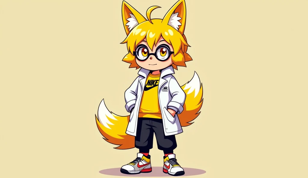 Model of a yellow-haired young character with yellow fox ears with 2 yellow tails with yellow eyes with white scientist coat with yellow sweatshirt from Nike with Nike Jordan sneakers with black Adidas pants with round and cute glasses in Playstation 2 gra...