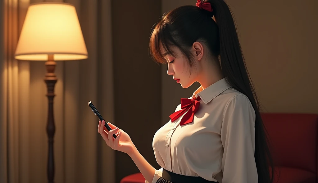 Shot from the side，Hyperrealism，8k quality，HD，8k quality， An 18-year-old young girl with a double ponytail，Shes a dumb ，Long Distance Movie Star Satomi Ishihara，Big breasts， in a white shirt ，Red bowtie， black pleated skirt ，She was standing in the living ...