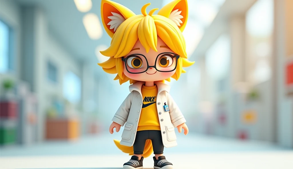 3D model of a yellow-haired young character with yellow fox ears with 2 yellow tails with yellow eyes wearing white scientists coat with yellow sweatshirt from Nike with Nike Jordan sneakers with black Adidas pants with round and cute glasses in Playstatio...