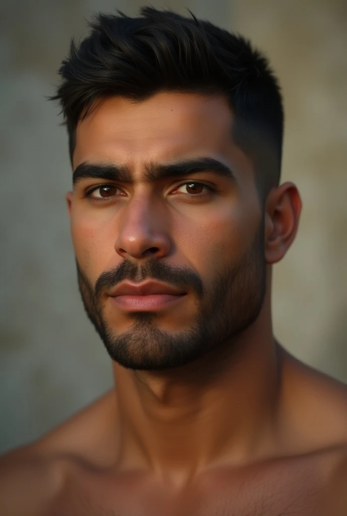 Robust young man between 20 and 25 years old, with Mexican features, short closed beard , high,  Thick lips, thick eyebrow,  brown eyes,  short straight hair 