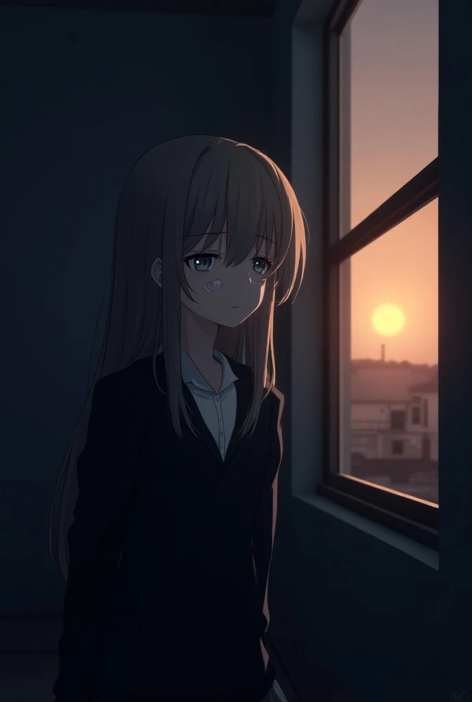  I want you to create the Image of an Anime Girl , The girl is young ,  She has Black Schoolgirl clothes and a White Shirt , He has a very sad and depressed face, as I noticed., She has long dark blond hair and gray eyes., He has band-aids on his face,  I ...