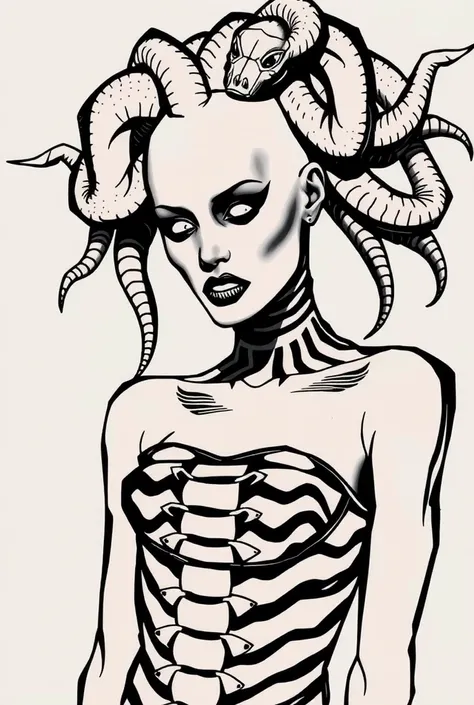 minimal, line drawing, lines only sketch, splash page hand drawn 1990s expressive ink comic, medusa, snake skin dress, only snakes on hairless head, ornate facepaint blackmetal corpsepaint, resembles grace jones, undead and warm color grading for cel shade...