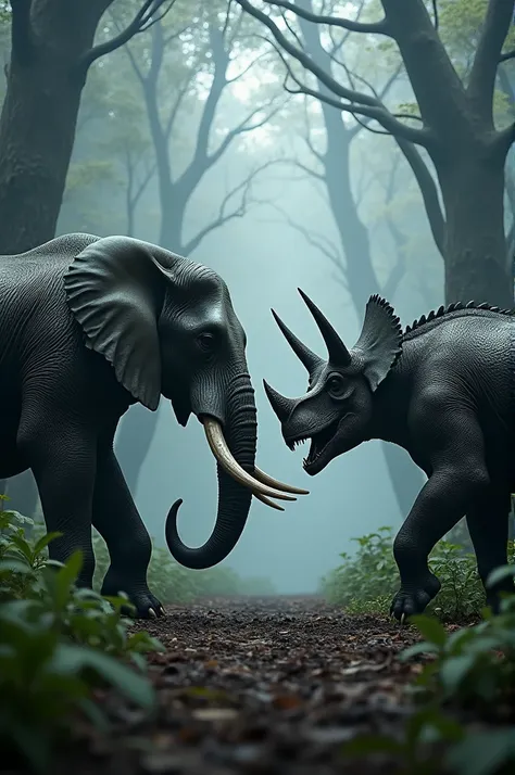 "Create a realistic, intense scene where an elephant and a triceratops are standing face-to-face, eyeing each other with tension and anticipation. The elephant has its tusks raised, and the triceratops’s horns are pointed forward. Both creatures are standi...