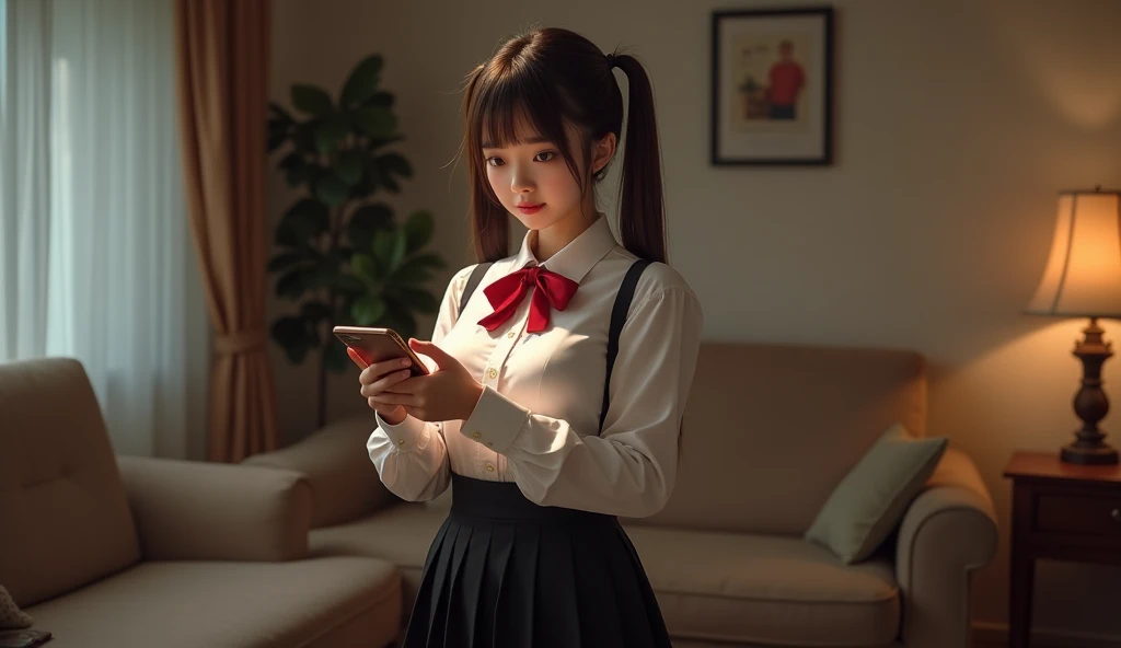 Hyperrealism，8k quality，HD，8k quality， an 18-year-old young girl with double ponytails，Shes a dumb ， looked like movie star Satomi Ishihara ，Big breasts， in a white shirt ，Red bowtie， black pleated skirt ，She was standing in the living room ，warm color，Sli...