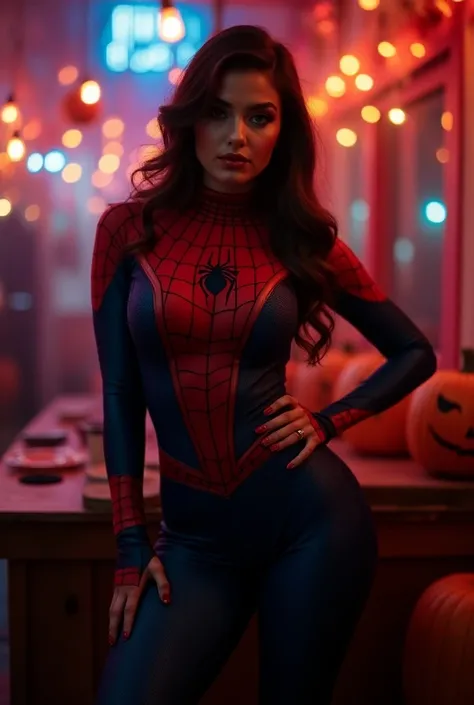 photo of a gorgeous woman in a spiderman costume, she is dressed as spiderman, at a halloween party, gorgeous figure, moody lighting, voluptuous body, Halloween decorations in the background, best quality, high resolution photo