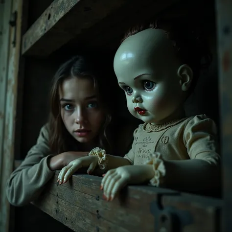 Show the doll on a shelf with a creepy, intense gaze directed at Riya, who looks visibly uncomfortable or frightened as she feels its stare.