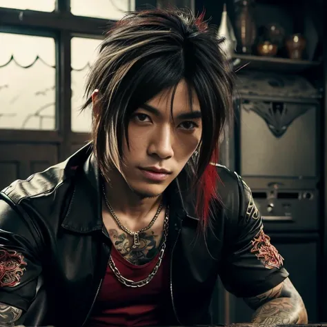 1 man, Japanese man, male, Asian eyes, muscular, broad shoulders, dragon tattoos,  hairstyle Visual Kei style, hair Visual Kei, black mens shirt and black pants, ultra detailed face and eyes, hyperrealistic, realistic representation, long hair, long hair, ...