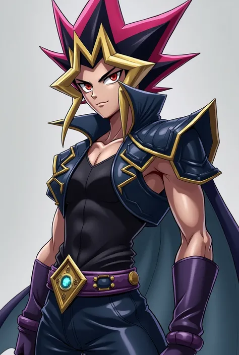 Yami Yugi from yu-gi-oh with her duel disc in a confident pose on a grey background