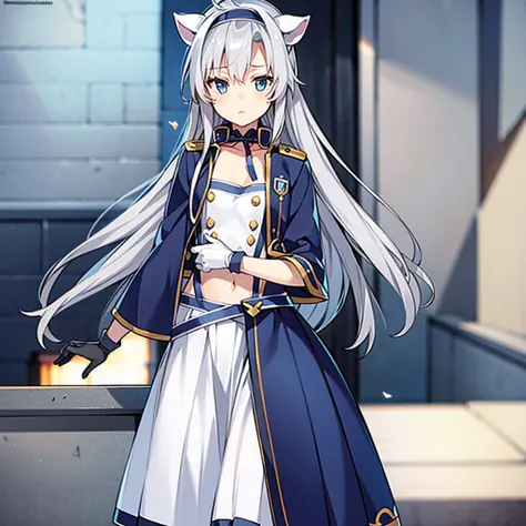  one girl playing pranks,Gray Hair, blue eyes, flat chest,uniform,Cat ears