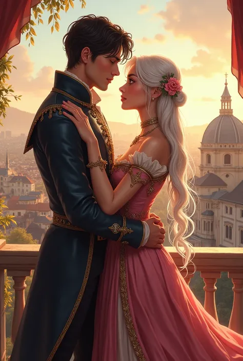 25-year-old woman, thin, white, long hair, pink, big pink eyes, sparkling, dressed in a medieval French style. 27-year-old man.
Black hair, dark gray eyes, medieval French dress, standing hugging each other, by the balcony, city view, warm atmosphere, wide...