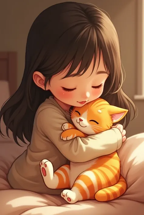  Cute orange cat with white stripes on the legs hugging the girl in the yellow flannel, With hair down the elbow , dark brown, small eyes,  full lips , unprofiled nose ,  of medium height and brunette 