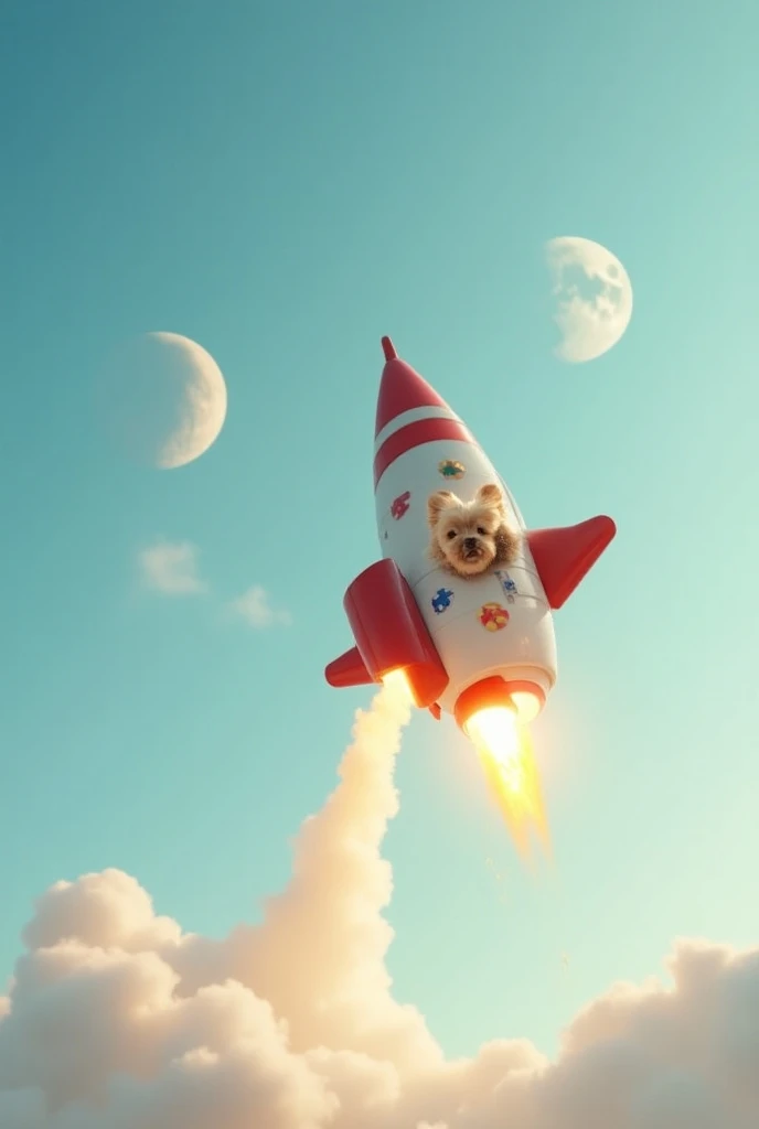 A small, spirited dog lounges on a shiny rocket as it launches toward the moon. The rocket, adorned with colorful stickers, emits bright flames, creating a vibrant contrast against the clear sky. Soft clouds drift by, while the moon looms larger in the dis...