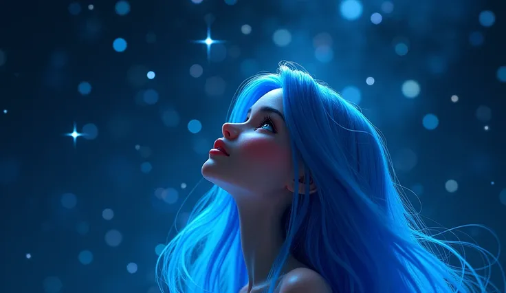 Blue"Barbie looking at a sky filled with sparkling stars, her face glowing with inspiration. The stars twinkle brightly, representing new ideas and dreams."
