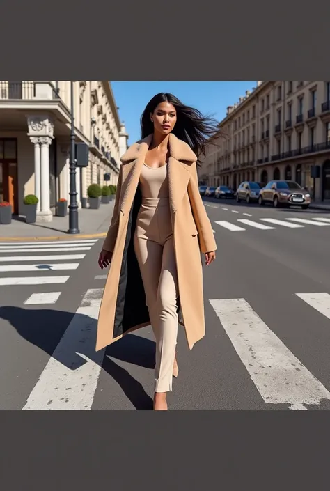 
“Generate an image of a blasiasn woman confidently walking across a city crosswalk, dressed in a chic, monochromatic beige ensemble. She wears a full-length camel coat with a luxurious faux-fur collar that frames her neckline, creating a striking contrast...