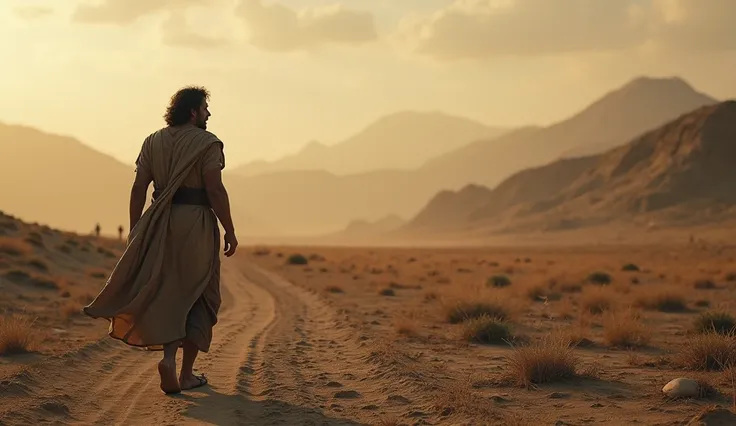 Cinematic image of Cain walking away from the barren land, with a heavy, lonely stride. He wears ancient Hebrew attire, and the earth around him is dry and unwelcoming, emphasizing his isolation and his new fate as a wanderer.