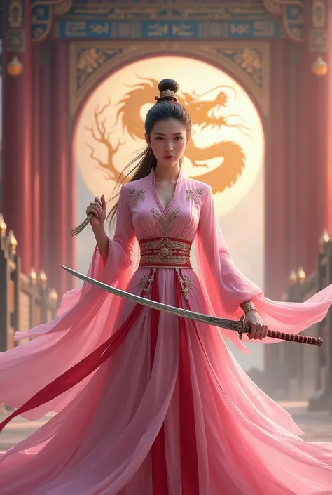 Woman in front of China wearing pink Chinese dress, holding sword, with golden dragon unlit pink behind