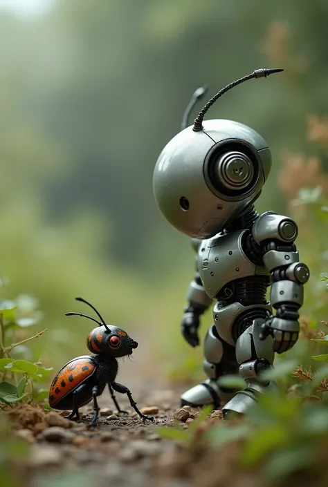 a small beetle looking at a robot,
The robot also sits and watches the beetle 