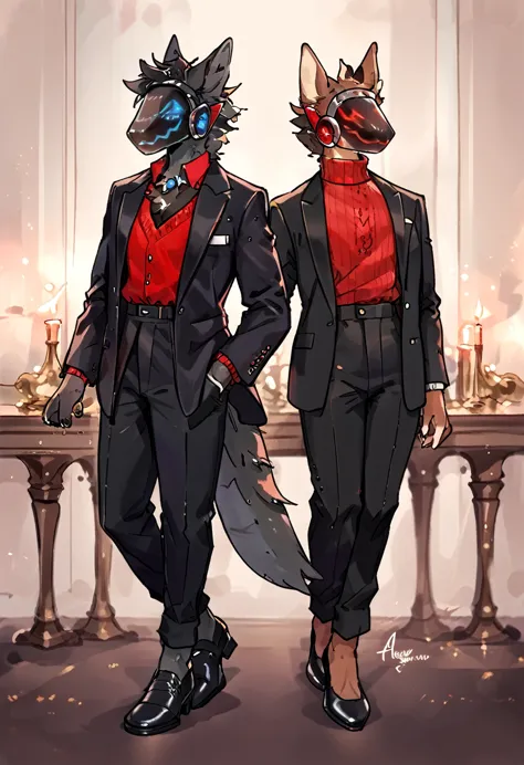 Furry dark chestnut brown protogen wearing a red sweater, Elegant black trousers that cover the ankles, black dress shoes, Elegant black jacket and details on the black protogen visor in red