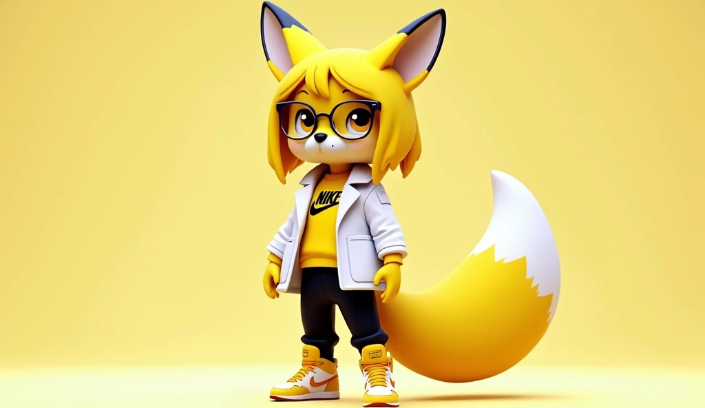 3D model of a yellow-haired young character with yellow fox ears with 2 yellow tails with yellow eyes wearing white scientist coat with yellow sweatshirt from Nike with Nike Jordan sneakers with black Adidas pants with round and cute glasses in square grap...