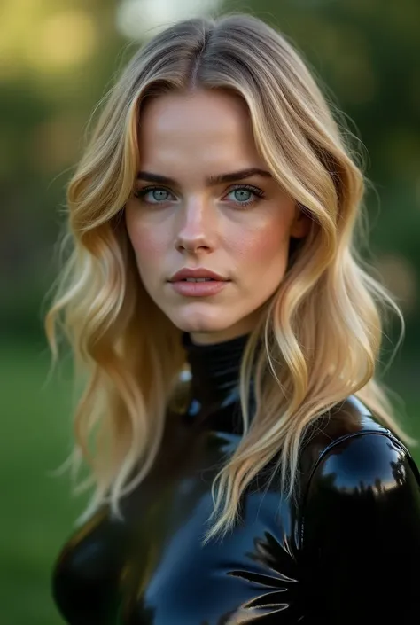 1 woman in, age 24, Solo, swedish blonde, wavy  hair, shoulder length blonde hair, blue eyes, light blue eyes, some small freckles, pale skin, c-cup, large breasts, fitness body, face of Emma Watson, detailed skin texture, in the garden, looking up at view...