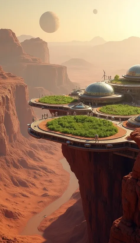 "A futuristic Mars base built for human colonization, situated on the edge of a cliff, overlooking a vast, deep Martian canyon. The base consists of multiple interconnected domes made from transparent materials, housing living quarters, laboratories, and g...