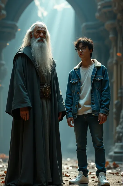 A cinematic medium shot of Gandalf the Grey and Harry Potter and A handsome Indonesian young man wearing a white t-shirt, jeans jacket, jeans, and white shoes.