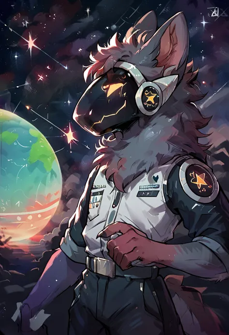 space landscape together with planets and stars, seen from a space station furry protogen