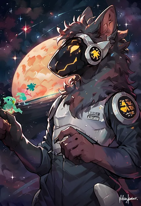 space landscape together with planets and stars, seen from a space station furry protogen