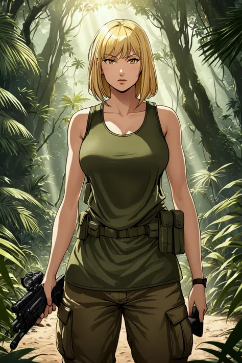 Blond female jungle soldier recruit, wearing a tank top, the cleavege is enormous almost exaggerated