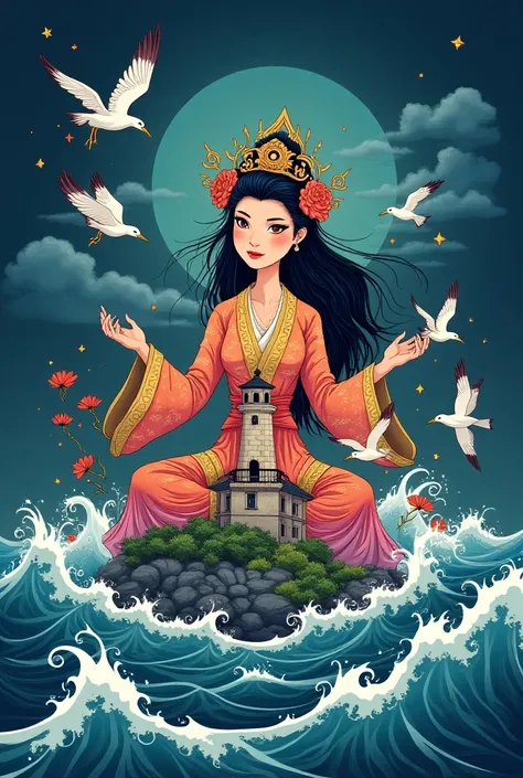  Create a Tarot Waite-Smith business card style logo.  beautiful bright colorful close-up cartoon illustration , a big beautiful Chinese goddess sitting in the middle of the dark ocean with waves in her hands, the goddess holds a large island with a large ...