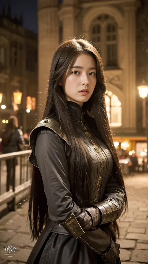 Alone,   high definition , masterpiece,  Best Quality,   Ultra High Definition,  woman、Long hair parted to the center 、  Medieval Fantasy World、Knights of medieval Europe 、Slanted Eyes、 cool face 、 shot of an upright upper body、 in the background is a medi...