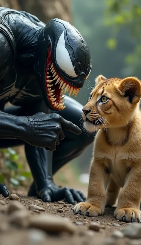 Prompt: Venom confronts a small lion  🦁 his way. Venom looks slightly annoyed  unafraid, leaning forward and wagging a finger at the , saying, "Get out of my way! Don’t mess with my mission!" The scene is set in a rocky, jungle-like environment, giving an ...